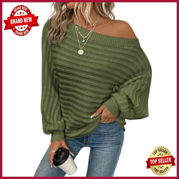 Oversized Off Shoulder Pullover Sweater Batwing Striped Cozy Winter - Picture 2 of 8